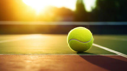 Closeup of tennis ball on empty court. Sunset, sun rays. Concept of a sporty lifestyle. Generative AI