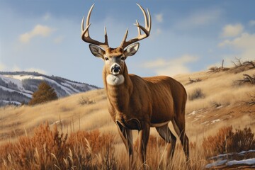 Big Buck in Wild: Majestic Male White Tail Cervid with Impressive Antlers in Colorado
