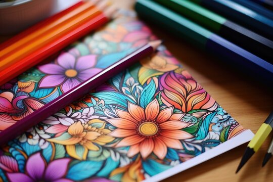 Antistress Adult Colouring Book with Accessories and Wax Crayons. Desk with Colouring Design in the Background