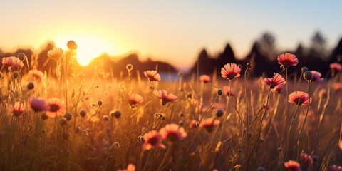 Field of flowers with a sunset in the background, Generative AI