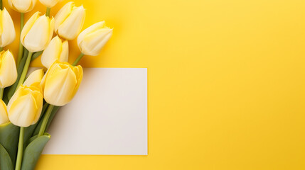 A white card surrounded by yellow tulips on a yellow background, Generative AI