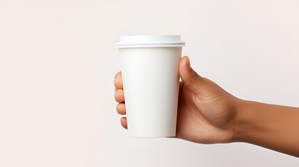 Mockup of male hand holding a Coffee paper cup on white background. Generated AI