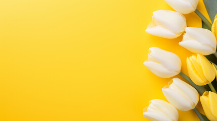 Fototapeta premium A bunch of white and yellow tulips on a yellow background, Generative AI