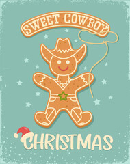 card illustration with christmas text on old paper texture. Christmas gingerbread cowboy Howdy Western Xmas baked cookie holiday snow background.