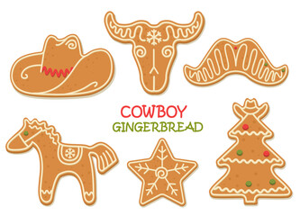 Western Christmas gingerbread cookies vector clipart illustration isolated on white. Cowboy Christmas gingerbread cowboy Howdy Western Xmas baked cookies.