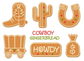 Cowboy Christmas gingerbread cookies vector clipart illustration isolated on white. Western Christmas gingerbread cowboy Howdy Western Xmas baked cookies.