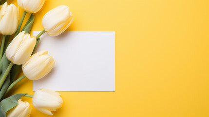 A white card surrounded by yellow tulips on a yellow background, Generative AI