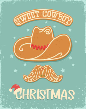 Cowboy sweet Christmas gingerbread cookie vintage card background with christmas text on old paper texture. Christmas gingerbread cowboy hat Howdy Western Xmas baked cookie holiday snow background.