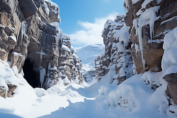 Majestic mountain ranges surround a quiet snow-capped canyon under clear, light skies. Snow caps cover the stones