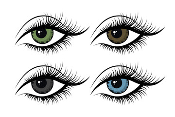 Women's eyes, icons set. The eyes are blue, green and brown. Illustration, vector - obrazy, fototapety, plakaty