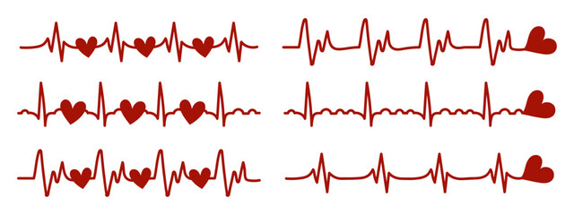 Heartbeat, icons set. Red heart beats on a checkered sheet. Cardiogram of the heart. Design elements, doodles, vector