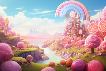 Foto op Canvas Colorful pastel candy landscape. pink castle or palace in the land of sweets. road among sweets and lollipops © Svetlana