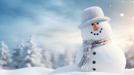 Obraz premium Christmas scene with a cute snowman. Free space for text on right side, snob, light and bokeh in background. Generated AI