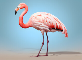 Realistic animal bird clipart template pattern. Picture pink flamingo watercolor. walking in search of food on blue background.