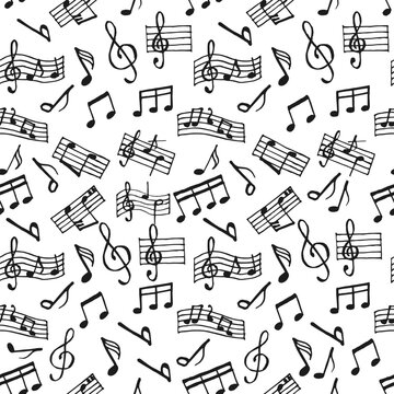 Seamless pattern of musical notes, black notes on a white background. Print, illustration, vector