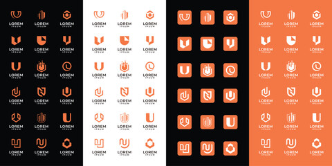 Set of abstract letter U , with orange color style, icons for all businesses