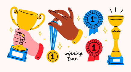 Award, winning cup, first place medal, ribbon prize. Hand holding gold medal and champion trophy cup. Hand drawn trendy Vector illustration. Isolated design elements. Victory, competition concept - 691429151
