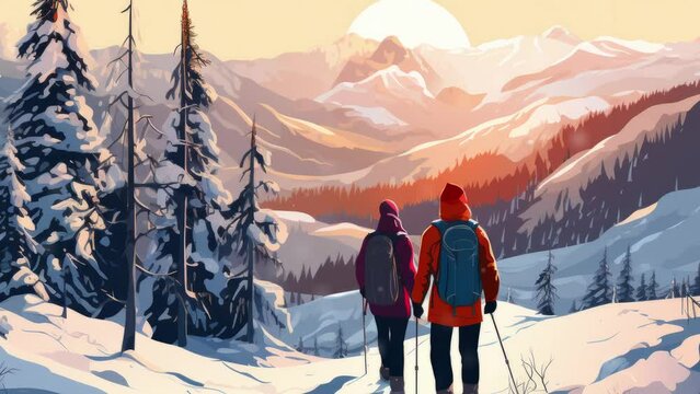 Winter, snow, love, man and woman couple hiking in the mountai. ns - Seamless loop animation, created using AI Generative Technology