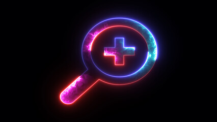 Obraz premium Glowing neon search button icon animated background. Abstract red symbol icon of zoom button