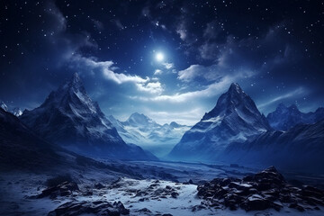 Winter landscape with bright stars in the night sky. Jagged peaks piercing the indigo night sky. High mountains covered with snow - obrazy, fototapety, plakaty