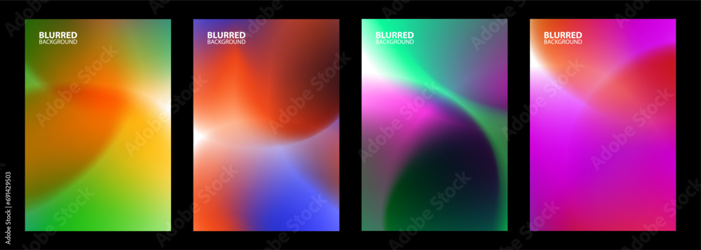 Poster Set of abstract backgrounds with bright color gradient defocused round shapes for creative graphic design. Blurred circles. Vector illustration.
