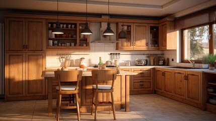 Fototapeta premium Cozy kitchen with warm-toned wooden cabinets and pendant lights