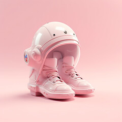 Cute Astronaut helmet gloves and shoes isolated on pastel pink background