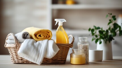 Basket of chemical and alternative eco detergent, cleaning and laundry products on a table with towels on laundry room with washing machine background. Front view. Horizontal composition. - obrazy, fototapety, plakaty
