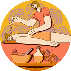 Aromatherapy massage using massage oil and essential oils with massage therapist in spa. Isolated flat vector illustration in circle shape.