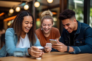 Group of students sitting outdoors looking into their smartphones and smiling