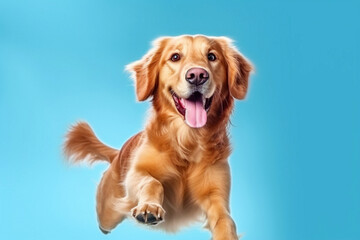 Portrait of a running and happy golden retriever dog on a blue background