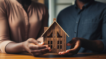 Close up of married couple hands holding wooden house, real estate concept - obrazy, fototapety, plakaty