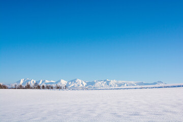 冬の晴れた日の雪原と山並み　十勝岳連峰
