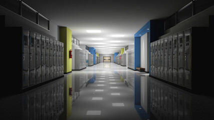 Empty school corridor with lights turning on. 3d rendering.