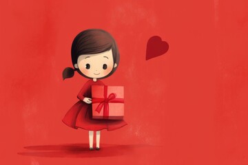 Illustration of Adorable Girl Wrapped in Love's Embrace, Valentines day card