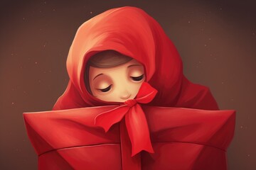 Illustration of Adorable Girl Wrapped in Love's Embrace, Valentines day card