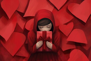 Illustration of Adorable Girl Wrapped in Love's Embrace, Valentines day card