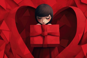 Illustration of Adorable Girl Wrapped in Love's Embrace, Valentines day card