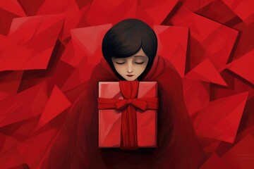 Illustration of Adorable Girl Wrapped in Love's Embrace, Valentines day card