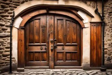 Wooden door in medieval castle.