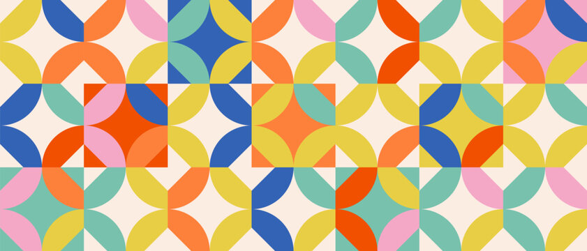 Geometric seamless pattern in bauhaus style. Colorful abstract background in swiss style. Vector flat illustration for poster, cover artwork, background, packing, banner.