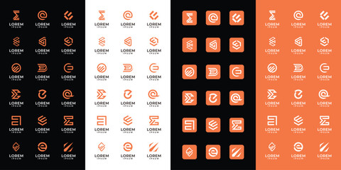 Set of abstract letter E , with orange color style, icons for all businesses