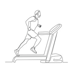 Continuous single line sketch drawing of healthy man run on treadmill machine. One line art of training gym sport exercise vector illustration