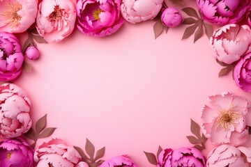 Top view of a  frame composed of handmade peony paper flowers in soft and vivid pink tones, set against a pastel pink backdrop