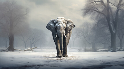 Elephant walking in winter