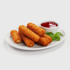 Golden Mozzarella Sticks with Basil and Tomato Sauce.  A tower of crispy mozzarella sticks accompanied by fresh basil leaves and a side of tomato sauce.