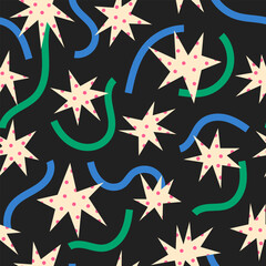 Obraz premium Star and ribbon Christmas seamless pattern. Quirky cute modern print with white stars, pink dots and green blue curvy lines. Modern trendy abstract vector background with starry night sky.