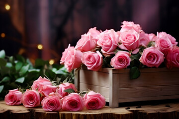 Delicate pink roses in an antique wooden box. Congratulations on Valentine's Day