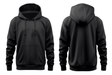 black jacket hoodie for mockup front and rear PNG isolated on white transparent background