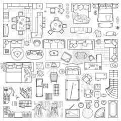 Floor plan view from above. Furniture and equipment collection in top view for house plan. Interior icons set for bathrooms and living room, kitchen and bedroom. Vector illustration - obrazy, fototapety, plakaty